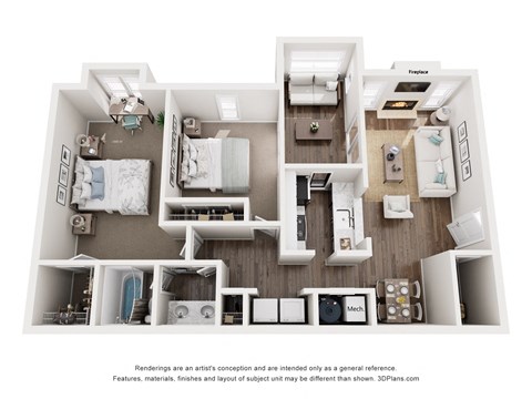 a 3d floor plan with a bedroom and a living room